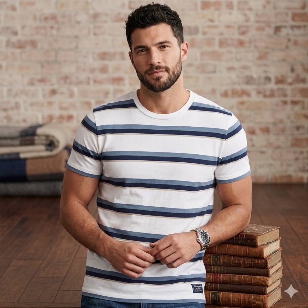 Abercrombie & Fitch Mens Large Striped T-Shirt Blue White‎ Tan Short Sleeve Tee